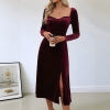 Vintage style split velvet solid color square neck evening dress