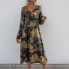 V-neck long sleeved gold-plated dress with high-end feel