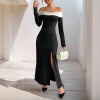 Elegant long skirt with off shoulder color blocked slit dress for women