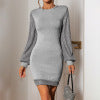 Sequined long sleeved solid color slim fit hip hugging knitted skirt