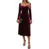 Vintage style split velvet solid color square neck evening dress