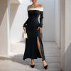 Elegant long skirt with off shoulder color blocked slit dress for women