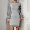 Sequined long sleeved solid color slim fit hip hugging knitted skirt