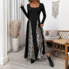 Retro style square neck long sleeved leopard print patchwork skirt