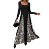 Retro style square neck long sleeved leopard print patchwork skirt