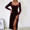 Vintage style split velvet solid color square neck evening dress
