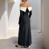 Elegant long skirt with off shoulder color blocked slit dress for women