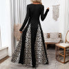 Retro style square neck long sleeved leopard print patchwork skirt