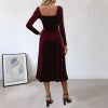 Vintage style split velvet solid color square neck evening dress