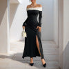 Elegant long skirt with off shoulder color blocked slit dress for women